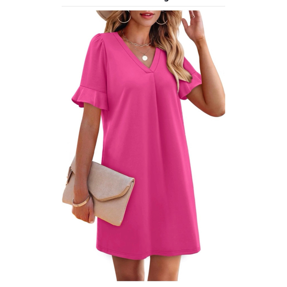 Hot Pink Mini Dress with Ruffle Sleeves and Pockets XXL - Picture 4 of 9